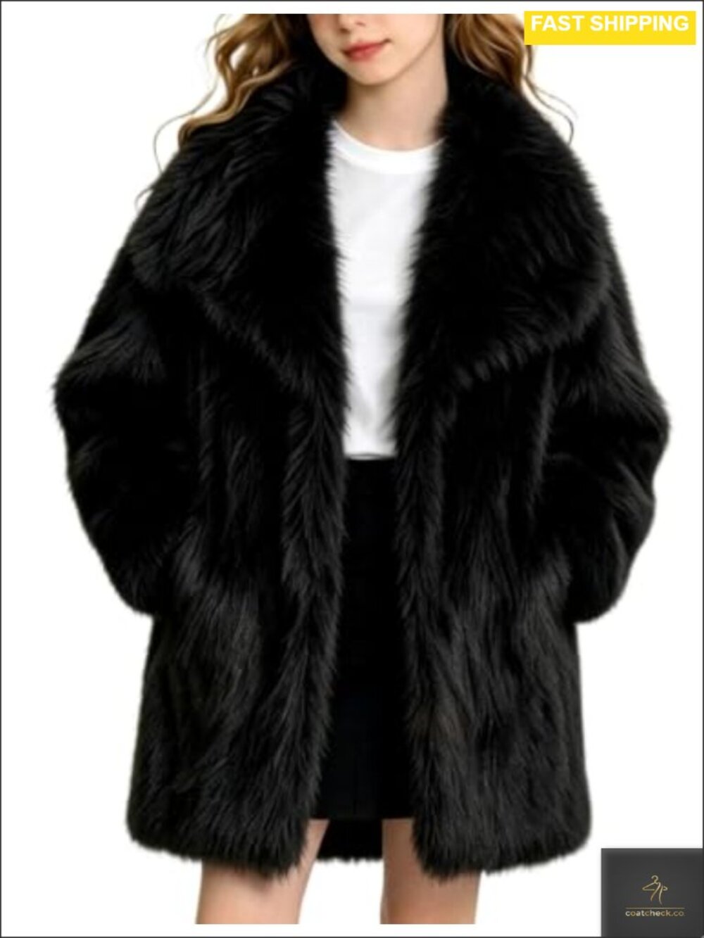 Girls Faux Fur Coat Long Fluffy Midi Winter Jacket Shawl Collar